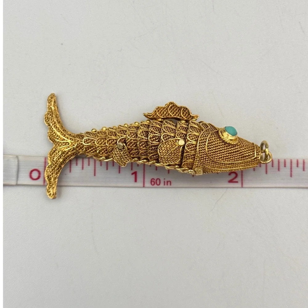 Vintage Chinese Export Silver Vermeil Articulated Koi Fish Pendant Turquoise Eye